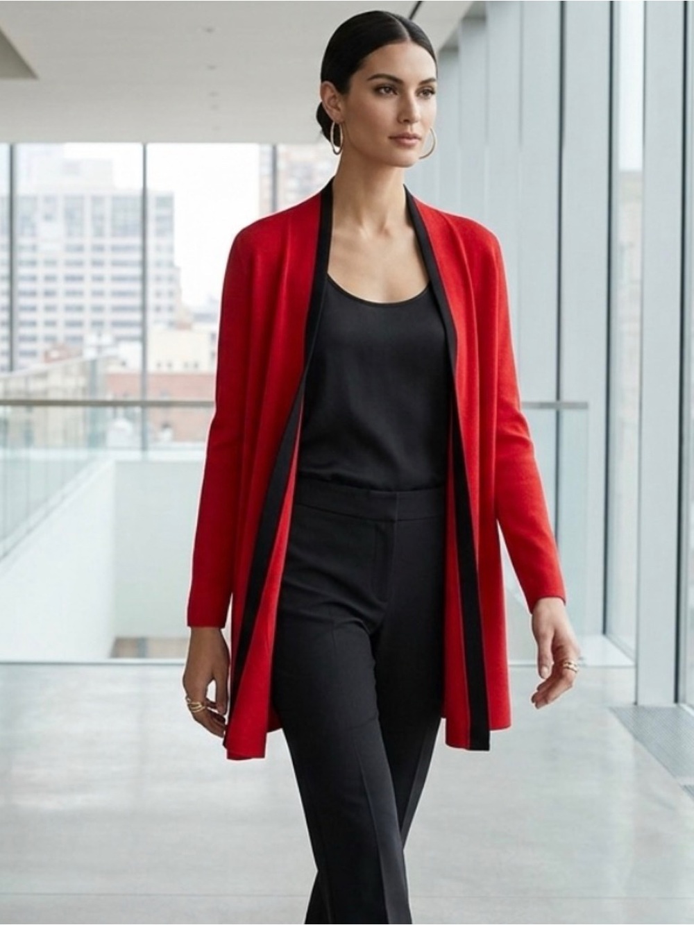Misook Red Open-Front Longline Black Scalloped Trim Old Money Knit Cardigan 3X
